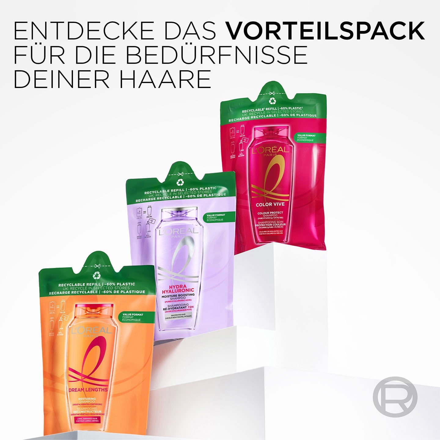 3 Elseve Shampoos im Nachfüllpack; darüber Text: Entdecke das Vorteilspack für die Bedürfnisse Deiner Haare